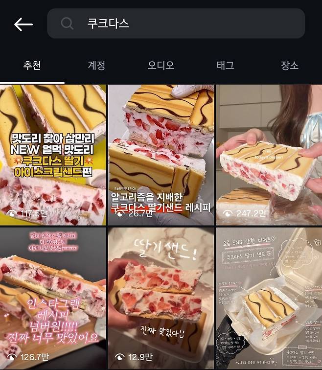 SNS(사회관계망서비스) 인스타그램에 쿠크다스를 검색하자 '쿠크다스 딸기샌드' 관련 후기와 레시피 영상이 높은 조회수를 기록하고 있는 모습. /사진=인스타그램 캡처