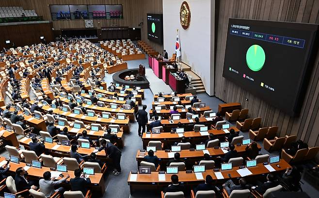 공직선거법 개정안이 지난달 28일 국회에서 열린 본회의에서 통과되고 있다. 이상섭 기자