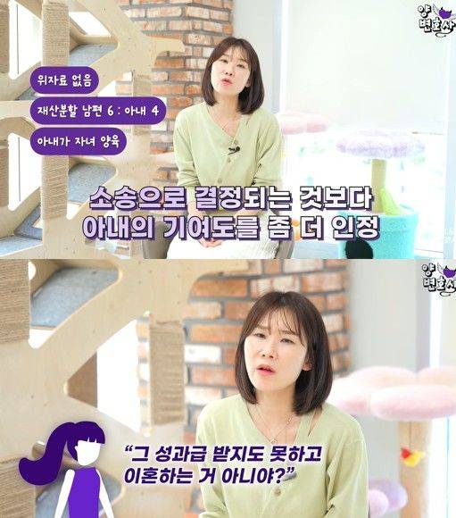 [서울=뉴시스] 양나래 변호사가 소개된 사례에 대해 자녀 양육과 관련한 아내의 기여도를 인정해주기로 한 이혼 합의 과정을 설명하고 있다. (사진 출처=유튜브 '양나래 변호사' 캡처)