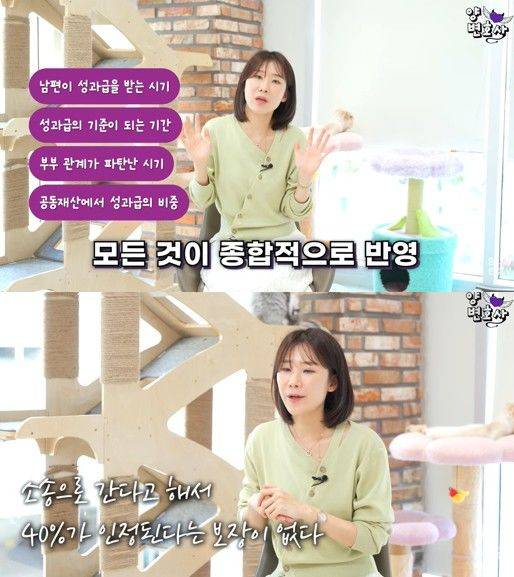 [서울=뉴시스] 양나래 변호사는 성과급 수령 시기와 부부 관계의 실질적 파탄 시점 등 여러 요소를 종합적으로 고려해야 한다고 강조했다. (사진 출처=유튜브 '양나래 변호사' 캡처)