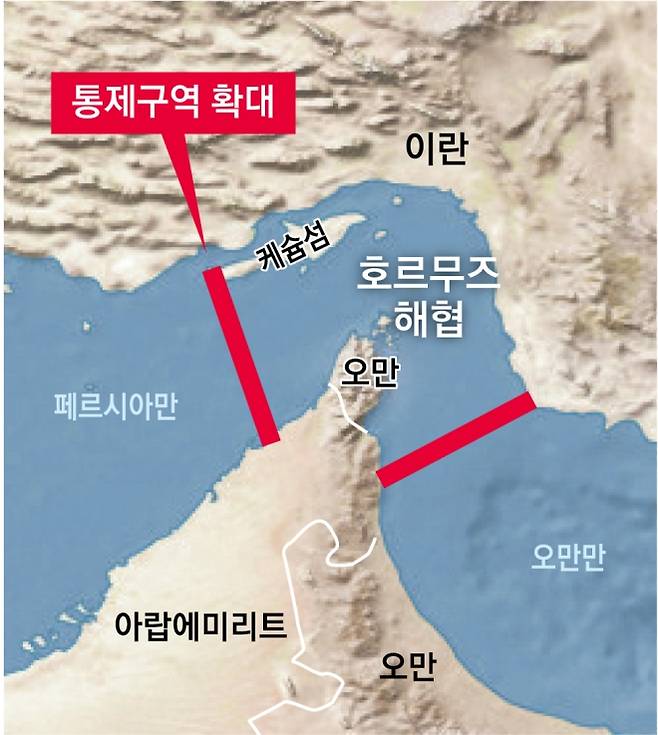 이란 이슬람혁명수비대 해군이 4일(현지시간) ‘프로젝트 프리덤’에 맞서 호르무즈 해협 통제 범위를 대폭 확대했다고 공개한 지도. 지도에는 호르무즈 해협 서쪽 방향으로 이란 케슘섬 서단과 아랍에미리트(UAE) 움알쿠와인을 잇는 직선(붉은 선)이 새롭게 표기됐다. 미잔통신 제공