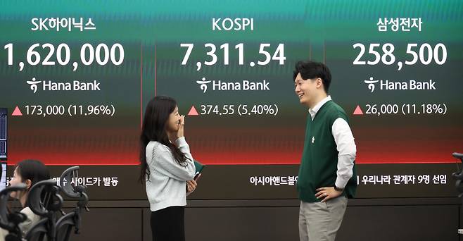 6일 서울 중구 하나은행 딜링룸 전광판 앞에서 딜러들이 미소짓고 있다.(고이란 기자 photoeran@)