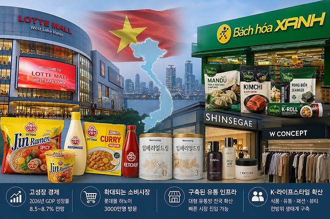 국내 유통·식품 기업들이 베트남을 차세대 핵심 시장으로 삼고 전방위 공략에 속도를 내고 있다. /기사 내용을 기반으로 챗GPT가 구성한 그래픽 이미지