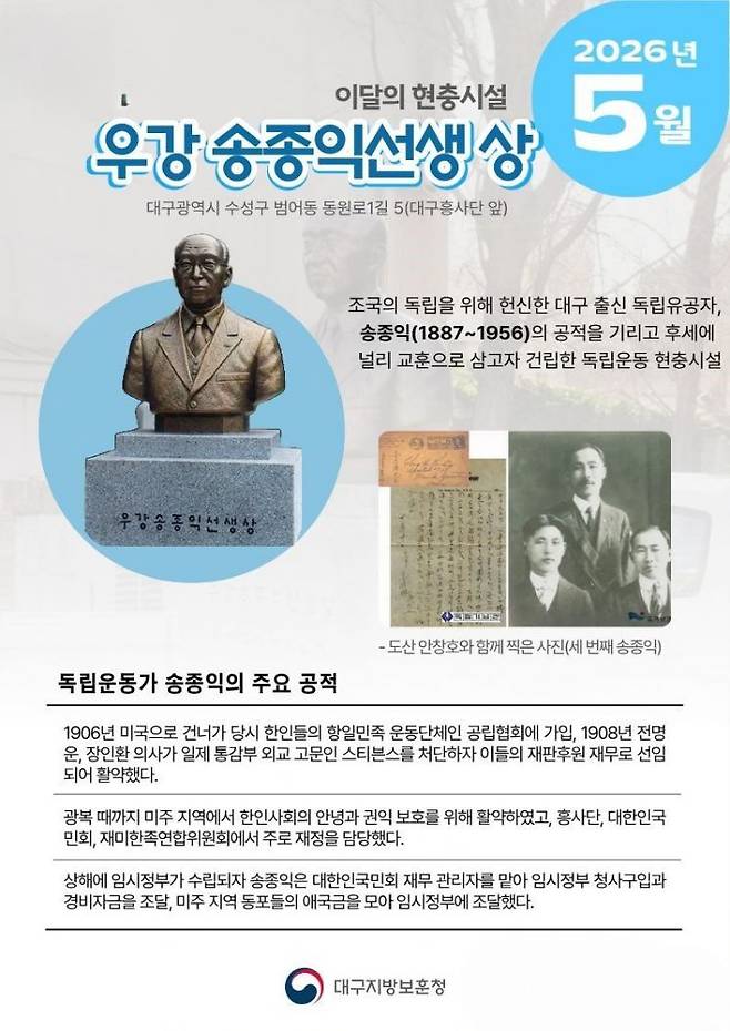 5월 이달의 현충시설 ‘우강 송종익 선생 상’  포스터.