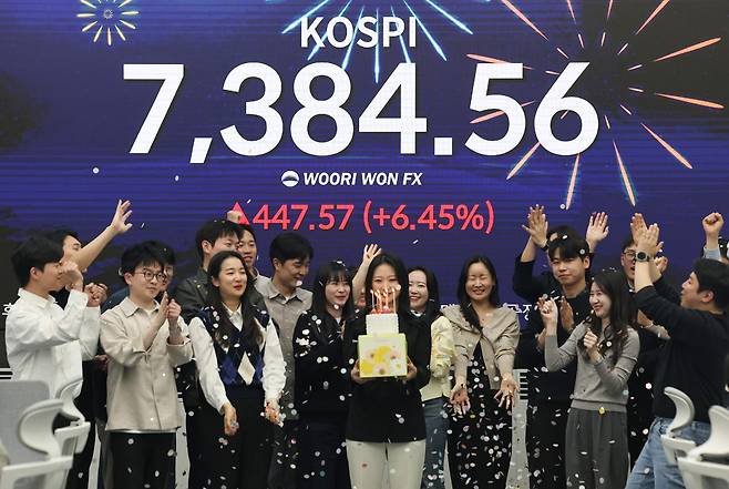 6일 서울 중구 우리은행 본점 딜링룸에서 직원들이 축하 세리머니를 하고 있다. 연합뉴스