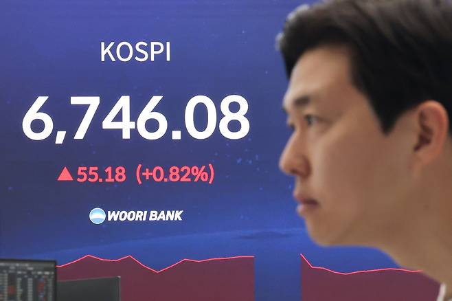 장중 최고치를 경신한 지난 30일 서울 중구 우리은행 본점 딜링룸 현황판에 코스피가 표시돼 있다. 연합뉴스