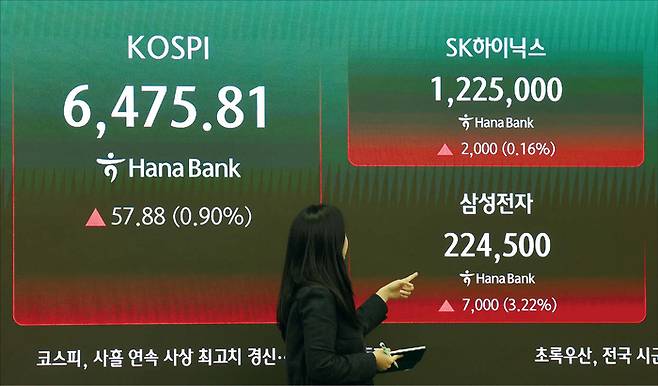 우리 반도체 산업이 유례없는 ‘하이퍼 불(Hyper Bull·초강세장)’을 구가 중인 가운데 역대급 랠리가 언제까지 지속될지 관심이 쏠린다. 사진은 서울 중구 하나은행 본점 딜링룸 현황판에 코스피, 삼성전자, SK하이닉스 종가가 표시돼 있는 모습. (연합뉴스)