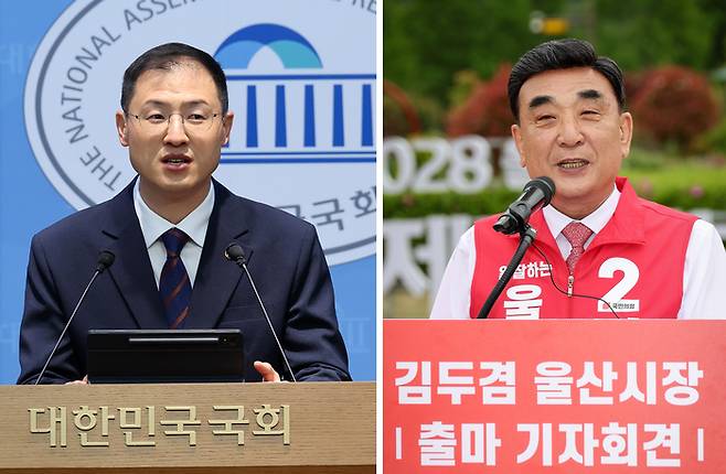 (왼쪽부터) 6·3 지방선거에 출마한 더불어민주당 울산시장 후보 김상욱 의원이 29일 국회 소통관에서 제22대 국회의원직 사직 의사를 밝히고 있다. 연합뉴스/ 김두겸 울산시장이 29일 울산 중구 태화강 국가정원에서 제9대 울산광역시장 선거 출마선언 기자회견을 하고 있다. 이수화 기자