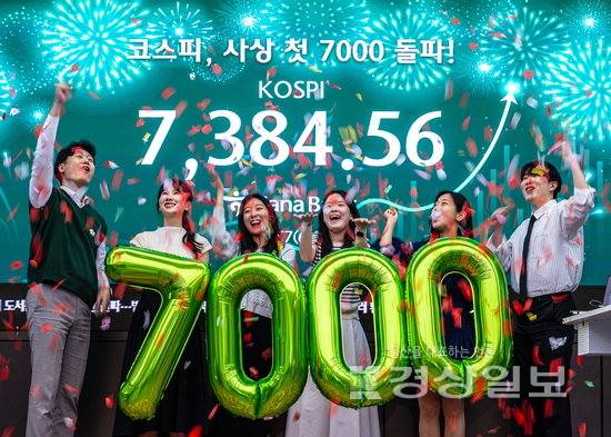 ▲ 코스피가 전장보다 447.57p(6.45%) 오른 7384.56으로 마감하며 종가 기준 역대 최고치를 경신한 6일 오후 서울 중구 하나은행 딜링룸에서 직원들이 축하 세리머니를 하고 있다. 연합뉴스