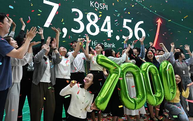 ▲코스피가 전장보다 447.57포인트(6.45%) 오른 7,384.56으로 마감하며 종가 기준 역대 최고치를 경신한 6일 오후 서울 중구 하나은행 딜링룸에서 직원들이 축하 세리머니를 하고 있다. [사진=연합뉴스]
