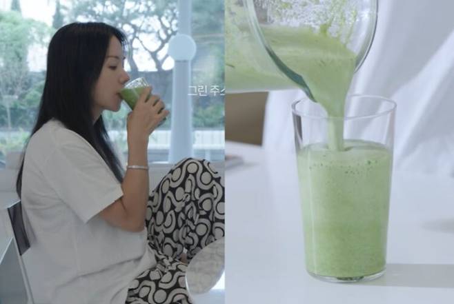 가수 겸 배우 엄정화는 코코넛워터에 사과 등을 갈아넣은 주스를 아침에 마신다고 밝혔다. 사진=유튜브 캡처