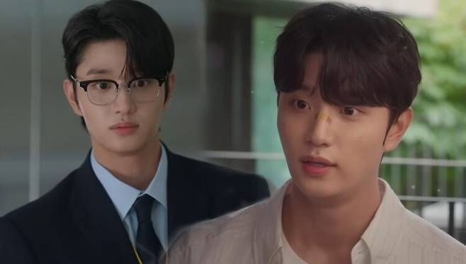 배우 김재원은 앞머리를 반쯤 올린 '깐머' 헤어스타일(왼쪽)과 전부 내린 '덮머'의 인상 차이가 극명하다. 사진=tvN DRAMA, 티빙 유튜브 영상 캡처