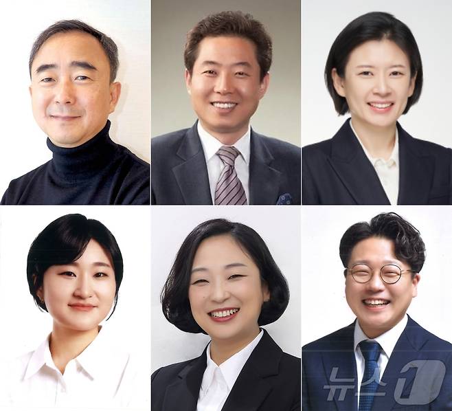 6·3지방선거에 치러지는 광주 광산을 재보선에 출마하는 후보들. 왼쪽 위부터 더불어민주당 임문영, 국민의힘 안태욱, 조국혁신당 배수진, 기본소득당 신지혜, 진보당 전주연, 무소속 구본기.(중앙선거관리위원회. 재배포 및 DB 금지)