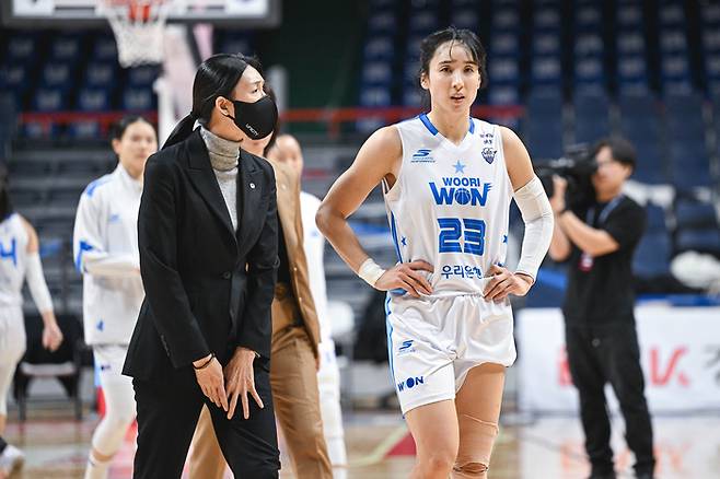 아산 우리은행 전주원 감독(왼쪽)과 김단비. 사진 | WKBL