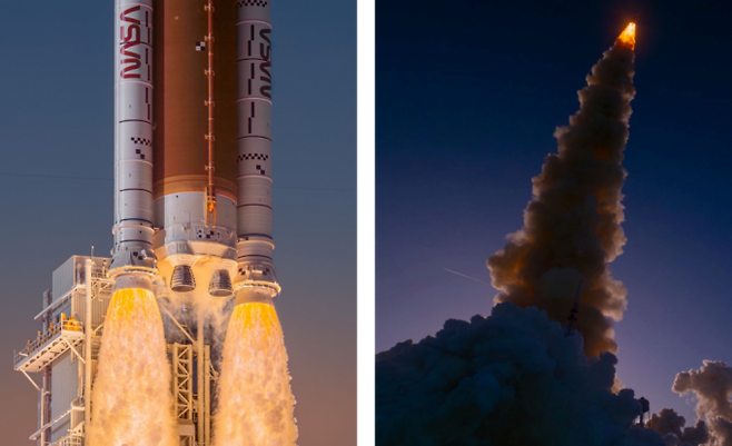 NASA SLS 추진체가 불꽃을 내뿜으며 오리온 우주선을 쏘아&nbsp;올리고 있다.Andrew McCarthy,cosmicbackground.io 제공