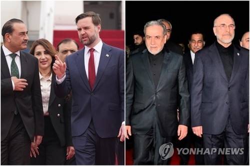 지난달 11일(현지시간) 파키스탄 수도 이슬라마바드서 전쟁 종식을 위한 회담에 나선 미국 대표단(왼쪽)과 이란 대표단. AP·EPA=연합뉴스 자료사진.