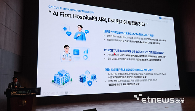 김대진 가톨릭대 정보융합진흥원장이 7일 열린 '인간 존엄을 위한 가톨릭중앙의료원(CMC)의 윤리적 AI 전환' 심포지엄에서 AI 전환 전략을 설명하고 있다. (사진=배옥진)