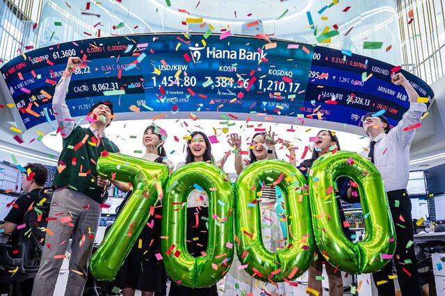 코스피가 7000 고지를 넘어섰다. 코스피는 6일 전장보다 447.57 포인트(6.45%) 오른 7384.56에 마감했다. 서울 중구 하나은행 본점 딜링룸에서 직원들이 숫자 ‘7000’을 만든 풍선을 들고 색종이가 흩날리는 가운데 축하 세리머니를 하고 있다. 이한형 기자