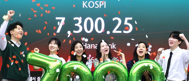 코스피가 7000을 돌파한 6일 서울 중구 하나은행 본점 딜링룸에서 직원들이 축하 세리머니를 하고 있다. 연합뉴스