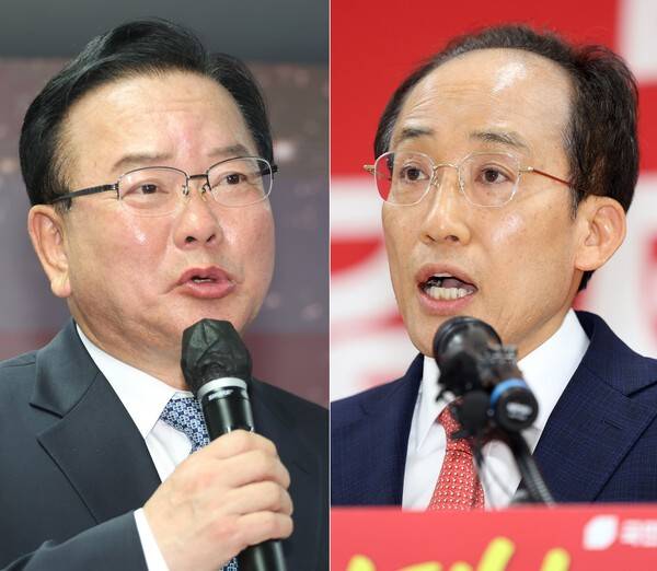 더불어민주당과 국민의힘 대구시장 후보가 확정된 26일 민주당&nbsp;김부겸&nbsp;후보가 선거사무소 개소식에서 발언하고 있다. 사진 오른쪽은 이날 국힘&nbsp;추경호&nbsp;후보가 대구시당에서 기자들의 질문에 답하는 모습. 연합뉴스