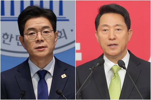 6·3 지방선거 서울시장 선거에서 맞붙는 정원오 더불어민주당 후보(왼쪽)와 오세훈 국민의힘 후보가 연일 신경전을 벌이고 있다. /연합뉴스