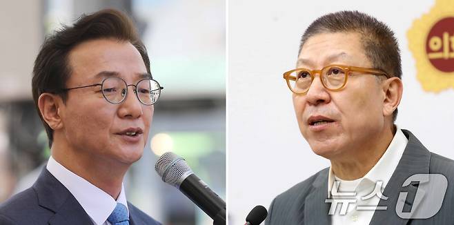 전재수 더불어민주당 부산시장 후보(왼쪽)와 박형준 국민의힘 부산시장 후보가 지난 4월 27일 구포시장에서 열린 '북구 주민 감사 인사' 행사와 부산시의회 브리핑룸에서 열린 6·3 지방선거 부산시장 출마 선언 기자회견에서 각각 발언을 하고 있다. 2026.4.27 ⓒ 뉴스1 윤일지 기자