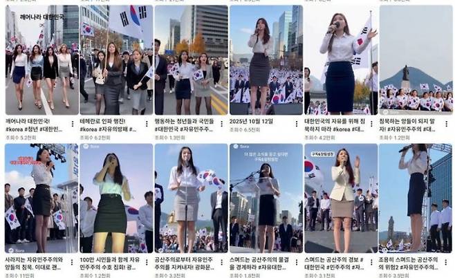 윤어게인 실제 집회 현장에 짧은 치마를 입고 태극기를 들고 있는 여성의 이미지를 합성한 보수 유튜브 채널. 유튜브 캡처