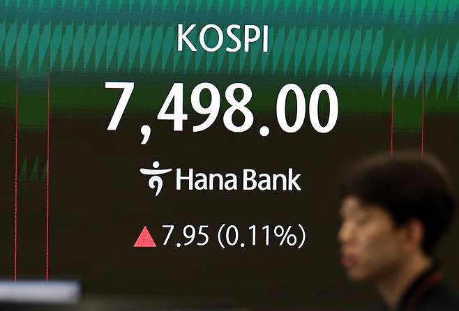 코스피가 장 후반 상승 전환해 7500선 턱밑에서 장을 마치며 또 사상 최고치를 경신한 8일 서울 하나은행 본점 딜링룸에서 딜러들이 업무를 보고 있다. 이날 코스피는 전장보다 7.95포인트(0.11%) 오른 7498.00에 장을 마치며 지난 4일부터 4거래일 연속 상승세를 나타냈다. 사진=연합뉴스