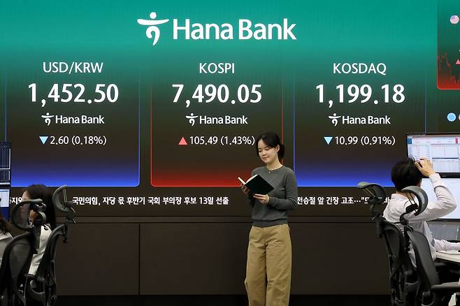 코스피가 종가 기준 사상 최고치로 마감한 7일 오후 서울 중구 하나은행 본점 딜링룸 현황판에 코스피와 코스닥, 달러원 환율 지수가 표시되고 있다. 코스피는 이날 전장 대비 105.49포인트(1.43%) 상승한 7490.05에 마감했다. 뉴스1