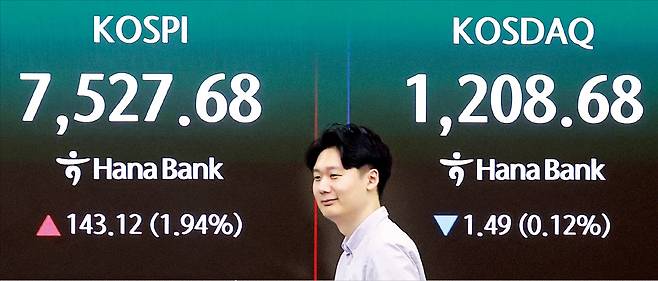 < 코스피, 장중 첫 7500선 돌파 > 7일 코스피지수가 장중 사상 최고치인 7500을 돌파했다. 이날 코스피지수는 전일 대비 1.43% 상승한 7490.05에 장을 마쳤다. 코스닥지수는 0.91% 내린 1199.18에 마감했다. /뉴스1