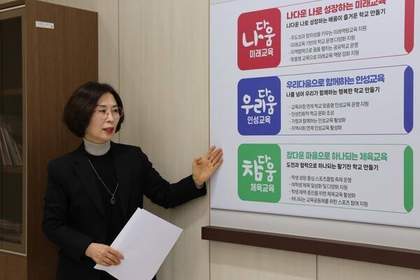군포의왕교육지원청 인성교육에 대해 설명하는 정숙경 교육장.