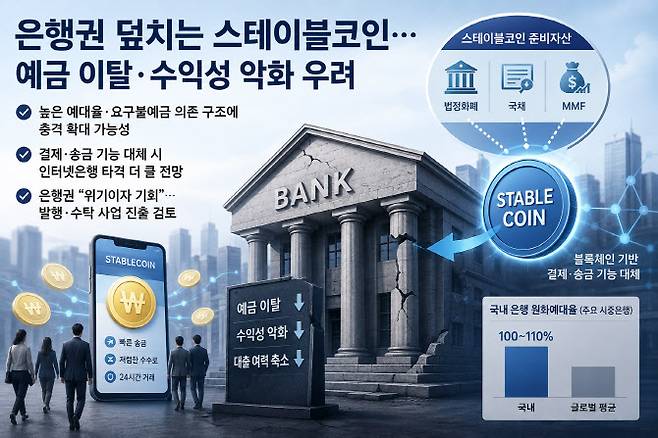 원화 스테이블코인이 도입될 경우 국내 은행권에서 예금 이탈과 수익성 악화 현상이 나타날 수 있다는 우려가 나온다.(사진=챗GPT)