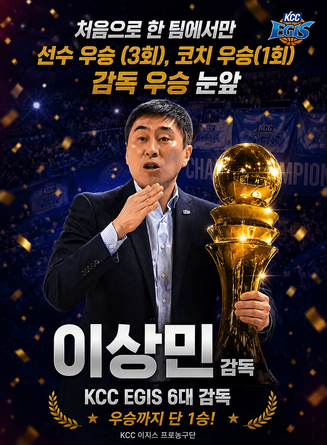 KCC 이상민 감독은 한 팀에서 선수, 코치, 감독으로 모두 우승을 달성하는 새 역사를 눈앞에 두고 있다.