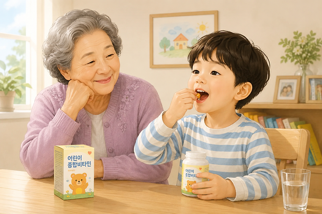 눈에 넣어도 안아플 우리 손주, 무럭무럭 자라라. 할머니가 사준 영양제 먹는 손주를 키워드로 생성AI가 만든 이미지. [챗GPT]