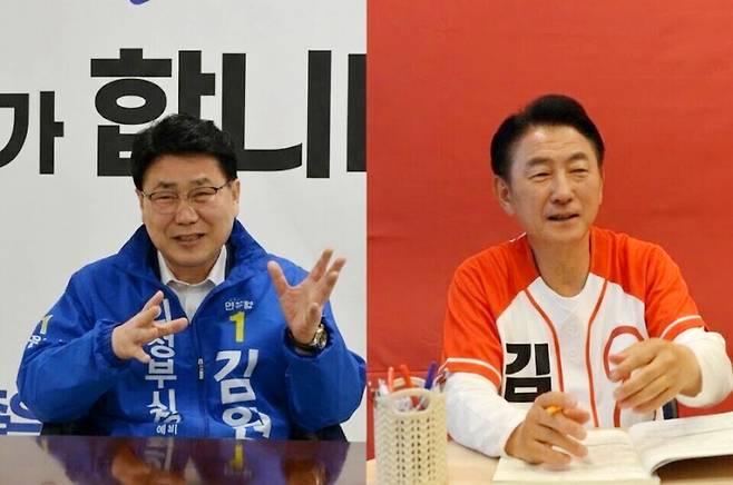 ▲지난 2일 더불어민주당 김원기(사진 좌) 후보와 국민의힘 김동근(사진 우)이 각 선거사무소에서 공약관련 질문에 답을 하고 있다./이경주 기자 kjlee@incheonilbo.com