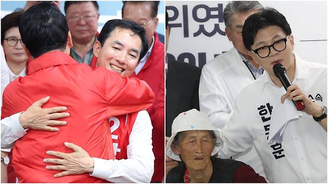 부산 북갑 국회의원 보궐선거에 출마한 박민식 국민의힘 후보가 10일 선거사무소 개소식에서 장동혁 대표와 포옹했고(왼쪽), 같은 날 한동훈 무소속 후보는 선거사무소 개소식에서 찰밥 할머니를 소개했다. /뉴스1