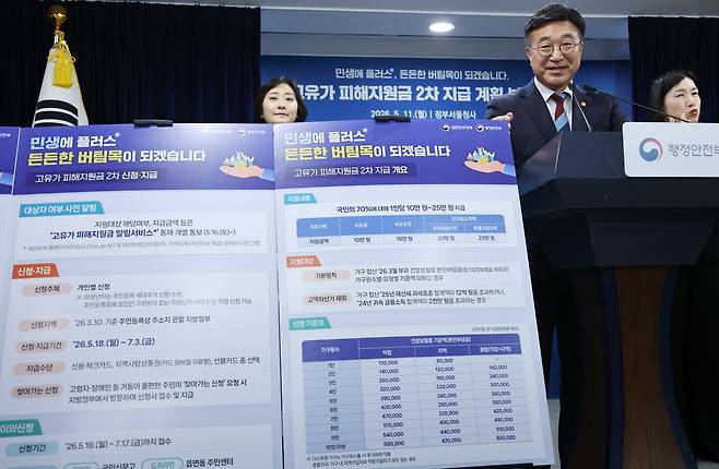 윤호중 행정안전부 장관이 11일 오전 서울 종로구 정부서울청사에서 고유가 지원금 2차 지급계획을 발표하고 있다. /연합뉴스