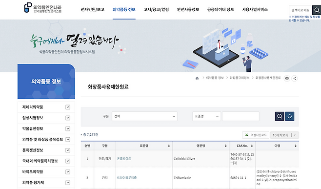 화장품 성분 정보를 찾아볼 수 있는 '의약품안전나라' 누리집 (본인 촬영)