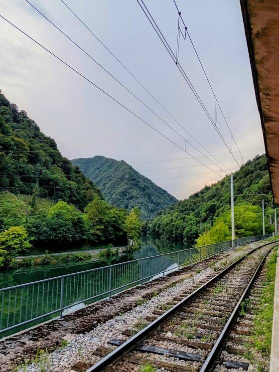 The train makes its way through the mountains of Slovenia. [JOEL DOWN]