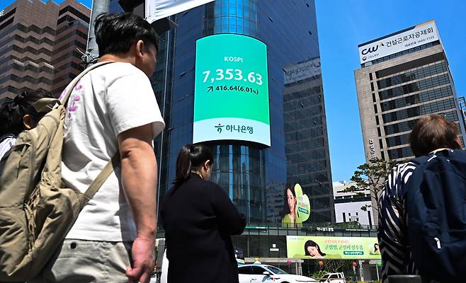 코스피가 사상 첫 7000포인트를 돌파한 6일 오전 서울 중구 하나은행 외벽 전광판에 코스피 지수가 나오고 있다. 삼성전자는 개장 10분 만에 8%, SK하이닉스는 8% 넘게 올랐다. 윤창빈 기자
