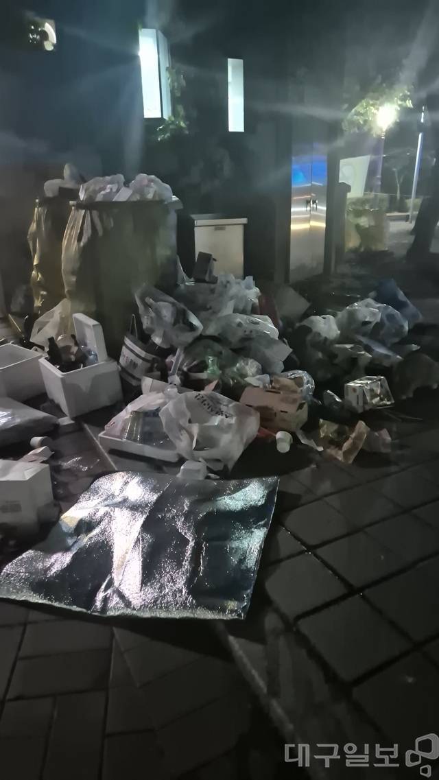 두류공원 야외음악당 입구에 마련된 쓰레기통이 각종 쓰레기로 넘쳐나고 있다. 권종민 기자