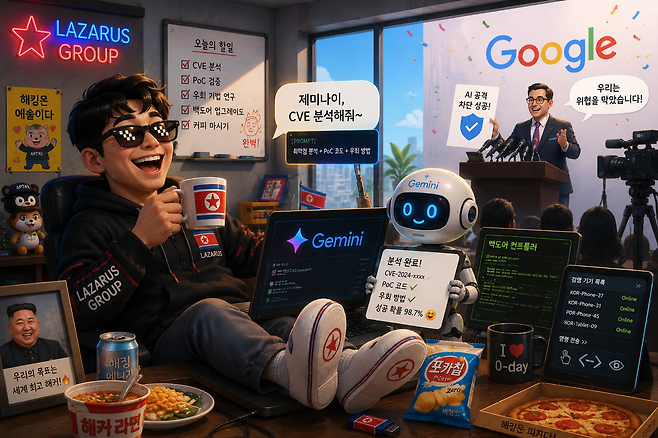 북한 연계 해킹조직 '라자루스' 스타일 해커가 제미나이를 취약점 분석·PoC 검증·백도어 운영에 장난감처럼 부리는 동안, 뒤편에서는 구글이 "AI 공격 차단 성공" 보도자료를 발표하는 장면을 풍자한 이미지다. 화면 속 제미나이는 CVE 분석과 우회 코드 생성 결과를 웃으며 내놓고 있고, 해커는 이를 정상 API 호출 기반 자동화 도구처럼 활용한다. 반면 구글은 이미 활용이 끝난 뒤 사후 관찰 기록을 성과처럼 발표하고 있다. "뚫렸다"보다 "부려졌다"는 본질을 시각적으로 압축한 풍자 인포그래픽이다. / GPT-5.5 이미지 2.0