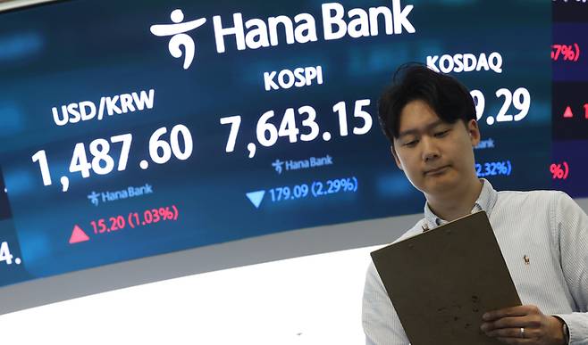 12일 서울 중구 하나은행 딜링룸 현황판에 코스피가 표시돼 있다. [연합뉴스]