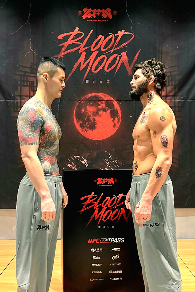 Contender Series 황인수와 빅리그 10경기 앨릭스 에런 펄리지가 2026년 5월 8일 Z-Fight Night 04 미들급 계체 후 마주 보고 있다. 9일 서울올림픽핸드볼경기장에서 대결한다. ‘코리안 좀비’ 정찬성 대표의 ZFN은 UFC Fight Pass를 통해 글로벌 생중계된다. 사진=MCP ECC