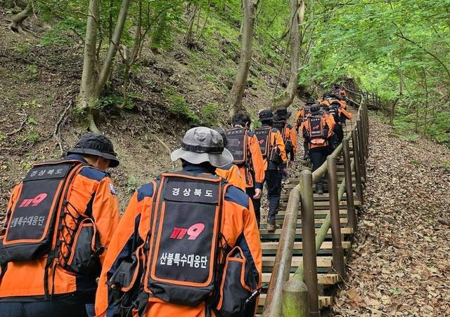 12일 오전 경북 산불특수대응단을 비롯한 경북소방 관계자들이 청송군 주왕산국립공원에서 실종된 초등학생을 찾기 위한 수색을 재개하고 있다. 경북소방본부 제공