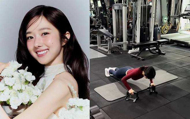 [서울=뉴시스] 이혜성은 헬스장에서 고난도 푸시업을 소화 중인 모습을 SNS에 공개했다.