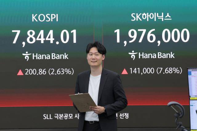 코스피가 전장보다 200.86p(2.63%) 오른 7,844.01 로 마감하며 종가 기준 사상 최고치를 경신한 13일 오후 서울 중구 하나은행 딜링룸에 표시된 코스피, SK하이닉스 지수. 이날 원/달러 환율은 오후3시30분 기준 0.7원 오른 1,490.6원을 기록했고, 코스닥은 2.36p(0.20%) 내린 1,176.93으로 마감했다. [사진=연합뉴스]