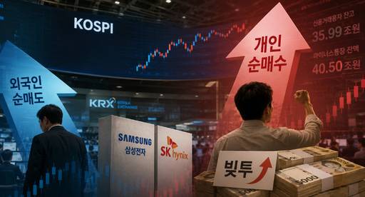 ChatGPT로 생성한 '개인 투자자와 외국인 투자자의 엇갈린 코스피 수급 현황' 관련 이미지.