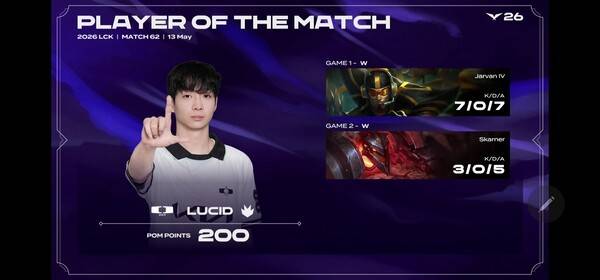 13일 서울 종로구 롤파크에서 열린 '2026 리그 오브 레전드 챔피언스 코리아(LCK)' 정규 시즌 2라운드 1경기 2세트에서 디플러스 기아가 바텀 주도권과 정교한 운영을 앞세워 DN 수퍼스를 2:0으로 완파했다. (DK & DNS=2:0 /POM=LUCID). /사진=네이버 치지직 라이브영상 캡처
