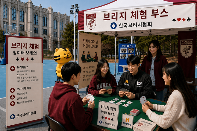 고려대학교 석탑 대동제 기간 운영되는 브리지 체험 부스 이미지. AI 생성
